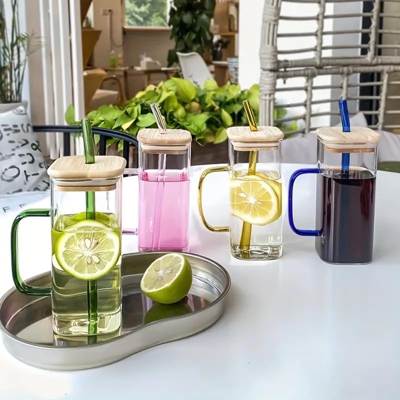 Reusable Glass Tumbler with Wooden Lids and Straws
