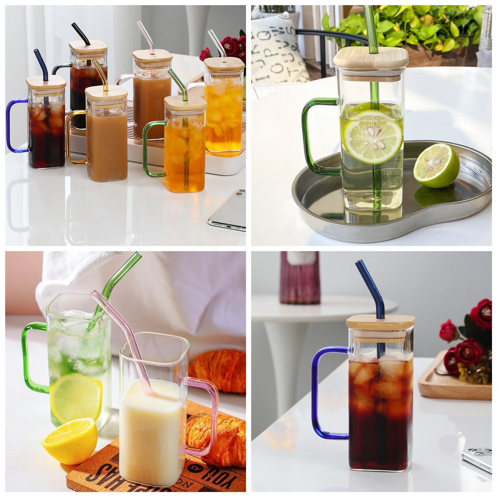 Reusable Glass Tumbler with Wooden Lids and Straws
