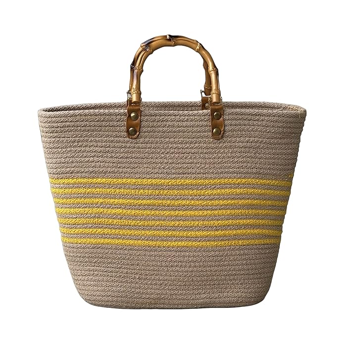 Designer Handbag With Bamboo Handle - Color: Natural/yellow