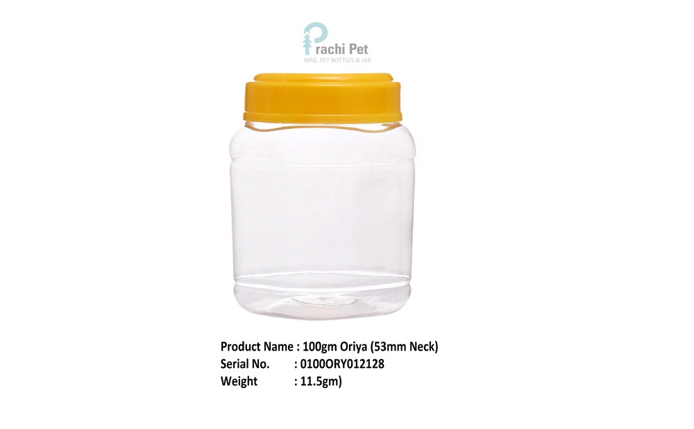 100gm Oriya - PET Ghee Jar with 53mm Neck, Transparent Color, Soft Hardness, Lightweight at 11g with Yellow Lug Cap | Food Grade, Inert, Preserves Quality