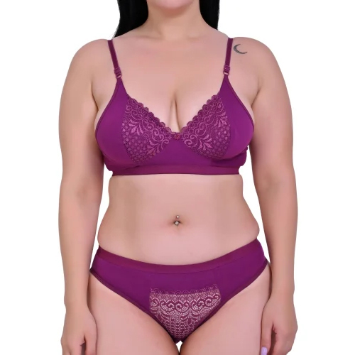 Ladies Purple Cotton Lace Bra Panty Set - Design: Standard