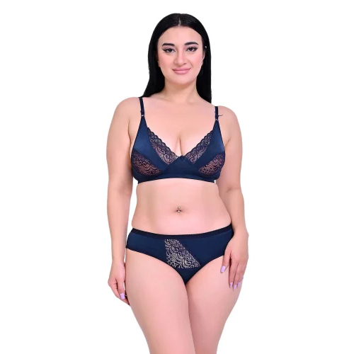 Ladies Navy Blue Cotton Lace Bra Panty Set - Design: Standard