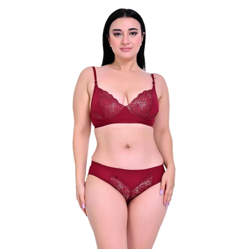 Ladies Maroon Cotton Lace Bra Panty Set - Design: Standard