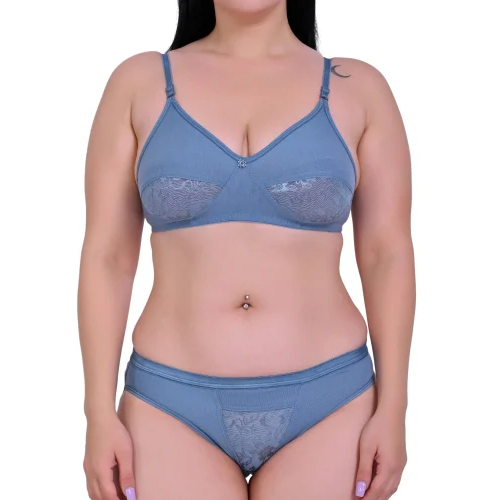 Ladies Blue Cotton Lace Bra Panty Set