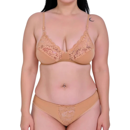 Ladies Beige Cotton Lace Bra Panty Set - Design: Standard