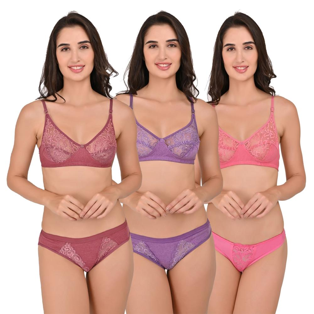 Ladies Cotton Lace Bra Panty Set - XL Size, Beige Color, Standard Design, Plain Pattern