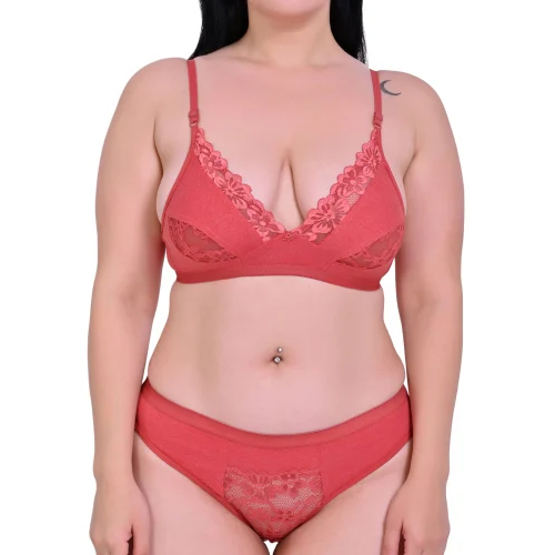 Ladies Dark Peach Cotton Lace Bra Panty Set - Cotton Fabric, Size Large | Padded Bra for Full Coverage, Standard Panty Design with Elegant Lace Detailing