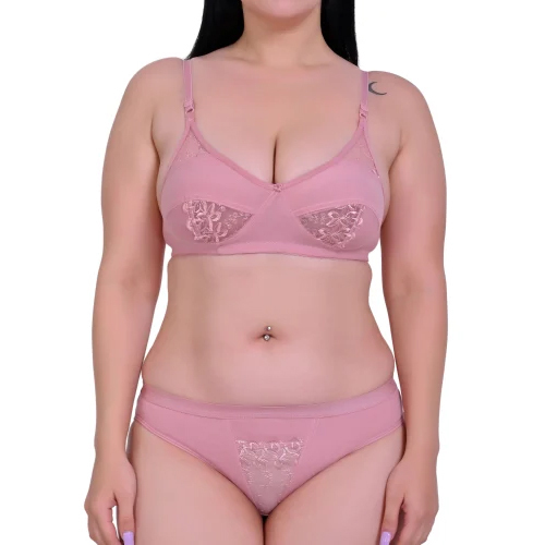 Ladies Pink Cotton Lace Bra Panty Set