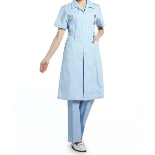 Ladies Hospital Staff Uniform - Cotton Fabric, Short Sleeves, Light Blue Color | Features 2 Waist Pockets, Non Woven Style for Comfort