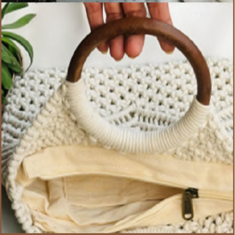 Knotted Macrame Fashionable Bag With Round Handle - Color: White