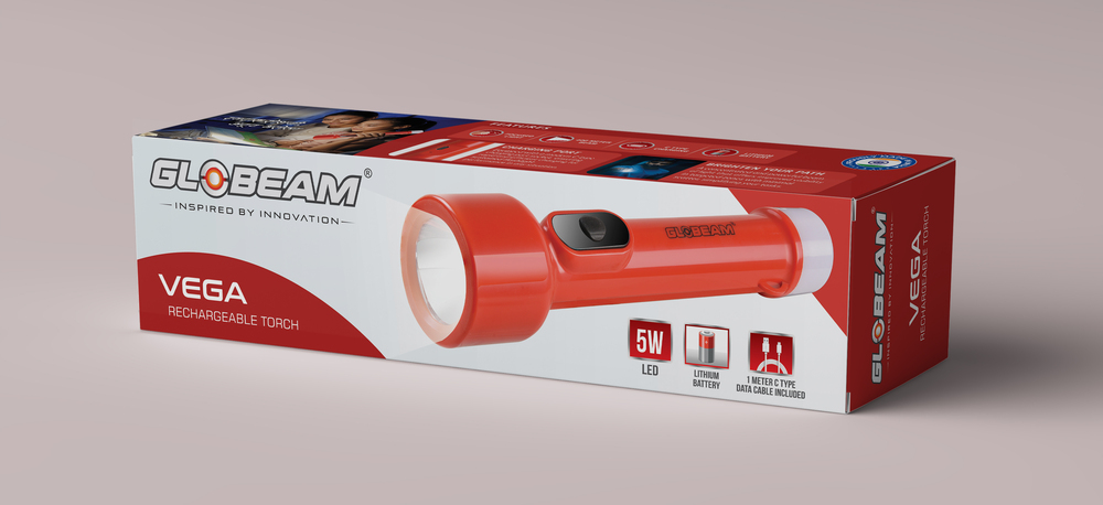 Globeam Raksha Rechargeable Torch - Strong Abs Plastic Body, 1200 Mah Lithium Battery, 3-4 Hours Backup | 5w White Led, 1 Meter Type C Data Cable Included, Manual Switch, Side Led