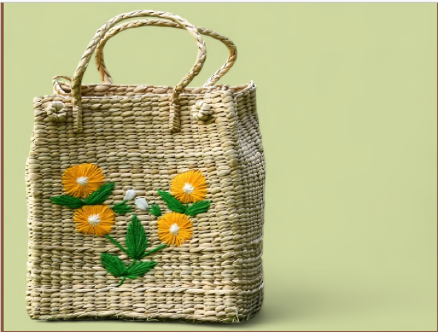 Kauna Embroidered Bag With Lock - Seagrass & Cane, 12x5x12 Inches, Natural Color, Durable Handle