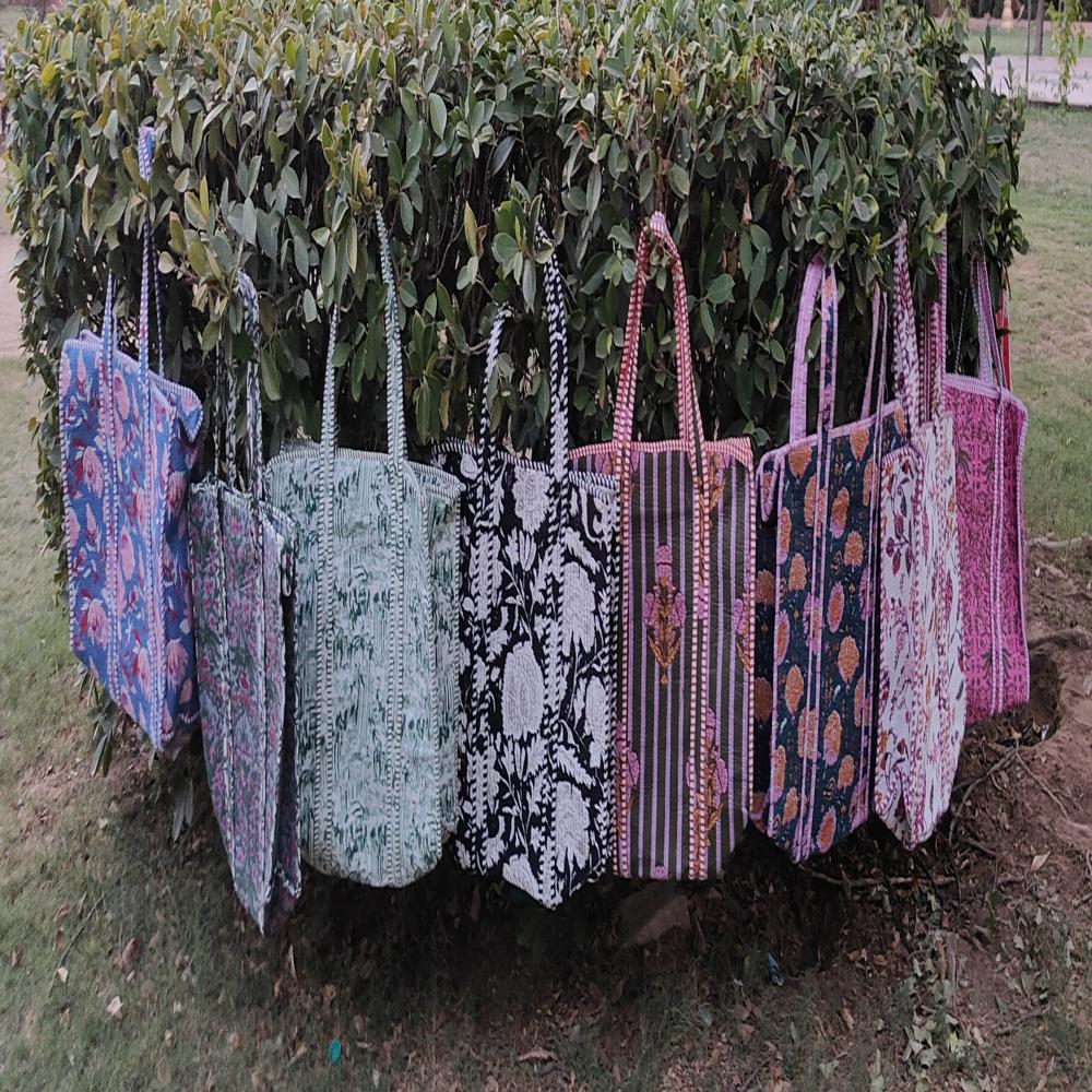 Screen Printed Cotton Quilted Tote Bags With Zip - 18x18 Cm, Multicolor Cotton Fabric, 2 Handles, Zipper Closure, Stylish Printed Design For Women