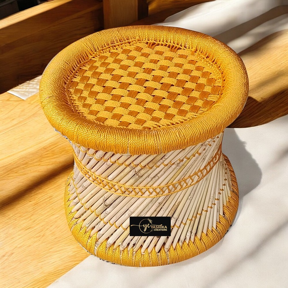 Multicolor Round Bamboo Mudda - High-quality Bamboo Material, Eco-friendly Design | Durable, Eye-catching Indian Style Outdoor Furniture