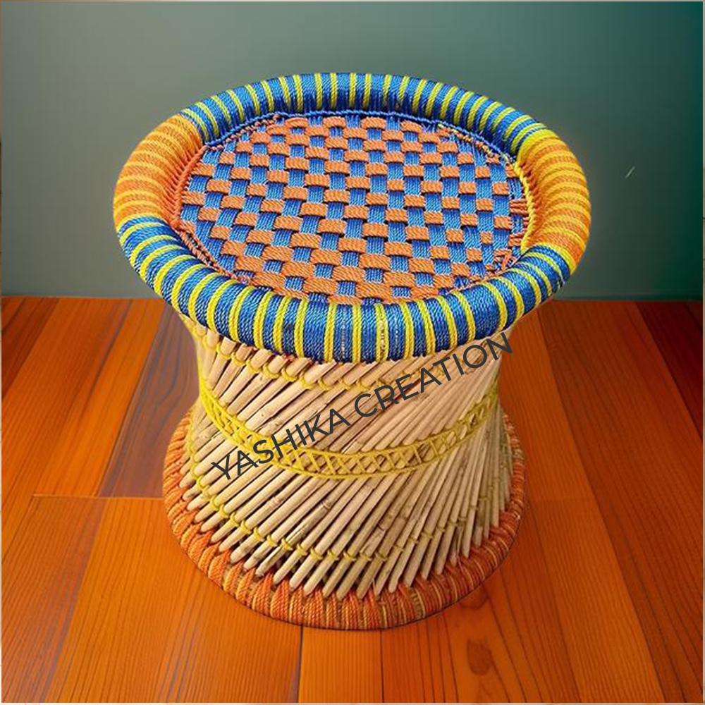 Multicolor Round Bamboo Mudda - High-quality Bamboo Material, Eco-friendly Design | Durable, Eye-catching Indian Style Outdoor Furniture