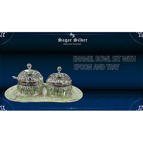 Silver Plated Enamel Bowl Set With Spoon And Tray - Feature: Durable