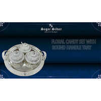 Silver Plated Floral Candy Box Set With Round Handle Tray - Design Type: Autique