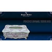 Silver Plated Peacock Enamel Tissue Box - Design Type: Autique