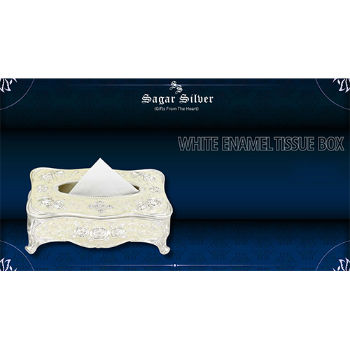 Silver Plated White Enamel Tissue Box - Material: Metal