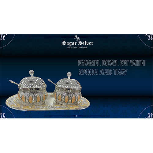 Silver Plated Enamel Bowl Set - Standard Size, Durable Metal With Spoon And Tray | Hindu Themed Design