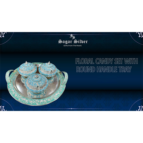 Silver Plated Floral Candy Box Set With Round Handle Tray - Material: Metal