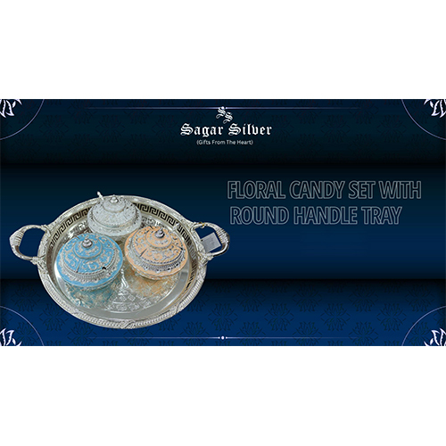 Silver Plated Floral Candy Box Set With Round Handle Tray - Material: Metal