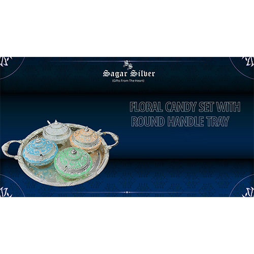 Silver Plated Floral Candy Box Set With Round Handle Tray - Material: Metal