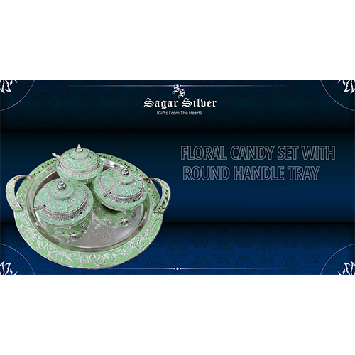 Silver Plated Floral Candy Box Set With Round Handle Tray - Material: Metal