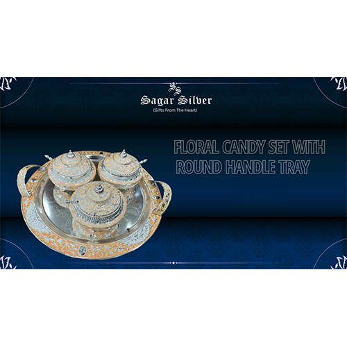 Silver Plated Floral Candy Box Set With Round Handle Tray - Material: Metal
