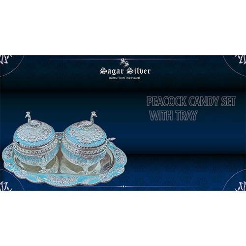 Silver Plated Peacock Candy Box Set With Tray - Material: Metal