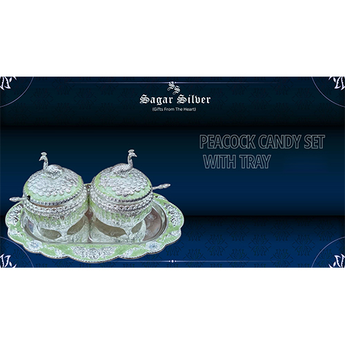 Silver Plated Peacock Candy Box Set With Tray - Material: Metal