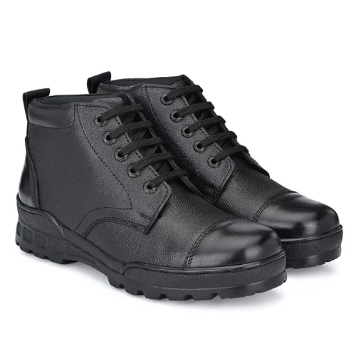 Pure Leather High Ankle Police Safety Boots - Color: Black