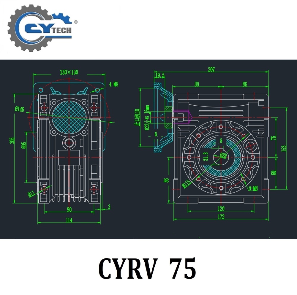 CHENYUE NMRV 75 Worm Gearbox Reducer, Sliver Housing, Input 19/22/24/28 mm, Output 28 mm, 5:1 to 100:1 Ratios, Reliable Industrial Gearboxes, Maintenance Free Design