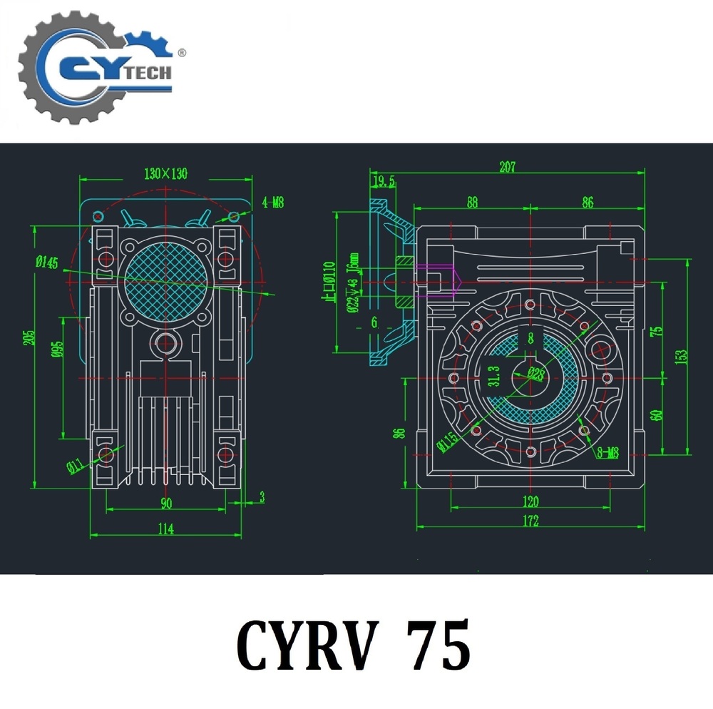 CHENYUE Worm Gearbox NMRV75 NMRV075 Input 19/22/14/24/28mm Output 28mm Speed Ratio from 5:1 to 100:1 Speed Reduction Free Maintenance