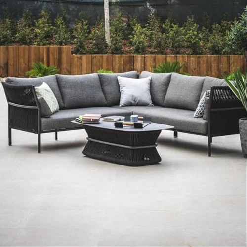 OMCCO 3 Piece Outdoor L Shaped Rope Sofa Set with Grey Cushions & Center Table for Garden Balcony