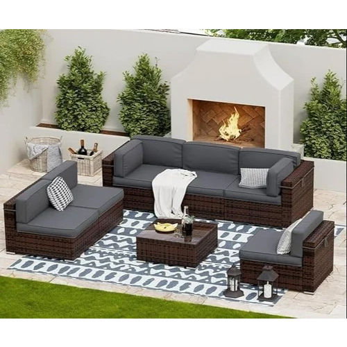 Outdoor Patio L-Shaped Sectional Sofa, Wicker Furniture With Washable Cushions & Glass Table (Grey) - Application: Garden