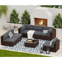 Outdoor Patio L-Shaped Sectional Sofa, Wicker Furniture with Washable Cushions & Glass Table (Grey)