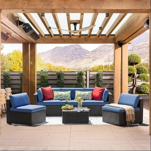 5-Seater Outdoor Patio Conversation Set, Rattan&Wicker HDPE Sectional Couch for Garden, Lawn (Blue)