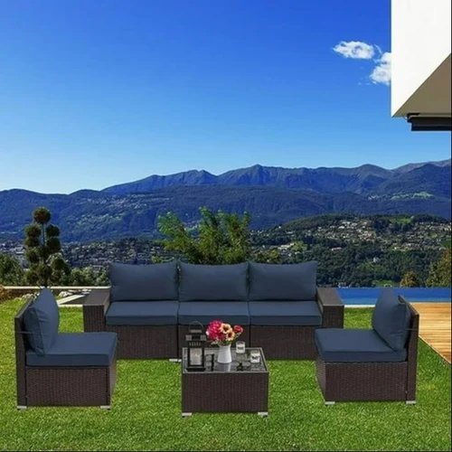5-Seater Outdoor Rattan Patio Sofa Set with Glass Top Center Table for Garden, Backyard, Blue