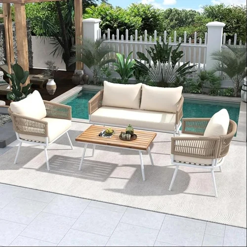 4 Outdoor Sofa Garden Balcony Sofa Set with Coffee Table Wood Top for Living Room Lown Pool(Beige)