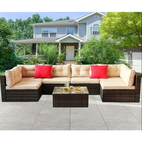 6 Seater Outdoor Rattan Patio Sofa Set with Glass Top Center Table Multiuse Sofa Set (Beige)