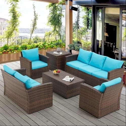 7-Seater Balcony Sofa Set, Wicker Sofa with Center & Side Tables, Cushions for Poolside, Garden