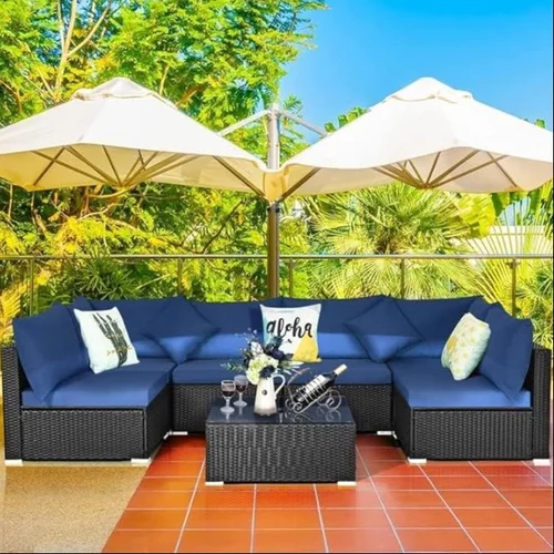 6-Seater Outdoor Patio Sectional Sofa Set with Washable Cushions & Glass Table for Garden, Poolside