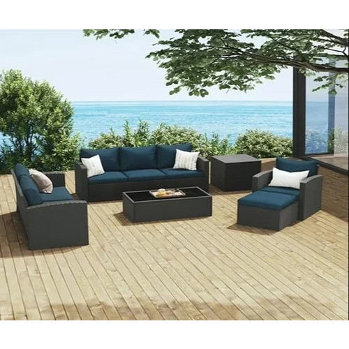 7-Seater Wicker Sofa Set With Center & Side Tables, Cushions For Poolside, Garden, Balcony - Brand Name: Omcco