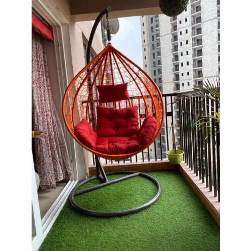 Swing Chair - Iron, Tear Drop Shape, Black and Red | 1 Seater, 200 Kg Load Capacity, Indoor/Outdoor Use, Cushion Included