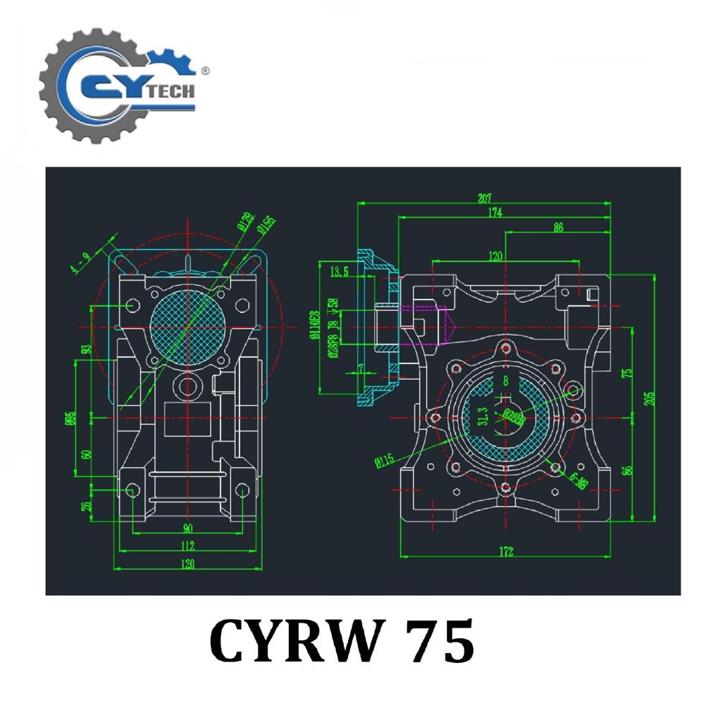 Blue Chenyue High Torque Worm Gearbox Speed Reducer Nmrw75 Cyrw75 Input 19/22/14/24/28mm Speed Ratio From 5:1 To 100:1 Tin Bronze Cnc Free Maintenance