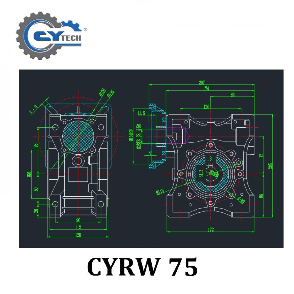 CHENYUE High Torque Worm Gearbox Speed Reducer NMRW75 CYRW75 Input 19/22/14/24/28mm Speed Ratio from 5:1 to 100:1 Tin bronze CNC Free Maintenance