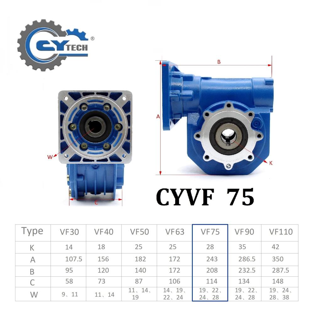 CHENYUE High Torque Worm Gearbox NMVF 75 CYVF 75  Input 19/22/14/24/28mm Speed Ratio from 5:1 to 100:1 Tin bronze for CNC Free Maintenance