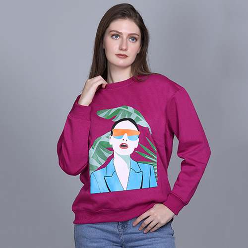 Ladies Dark Pink Full Sleeve Printed Sweatshirt