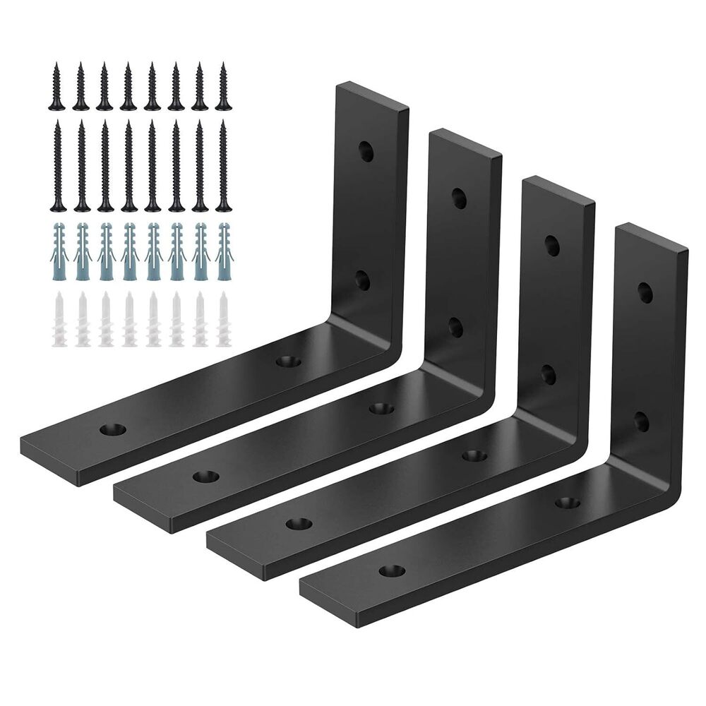 L Shelf Brackets 6" x 4", Heavy Duty and Extra Thick Shelving Brackets, Iron Wall Shelves Brackets with Hardware for DIY Open Wood Shelving, 4 Pack